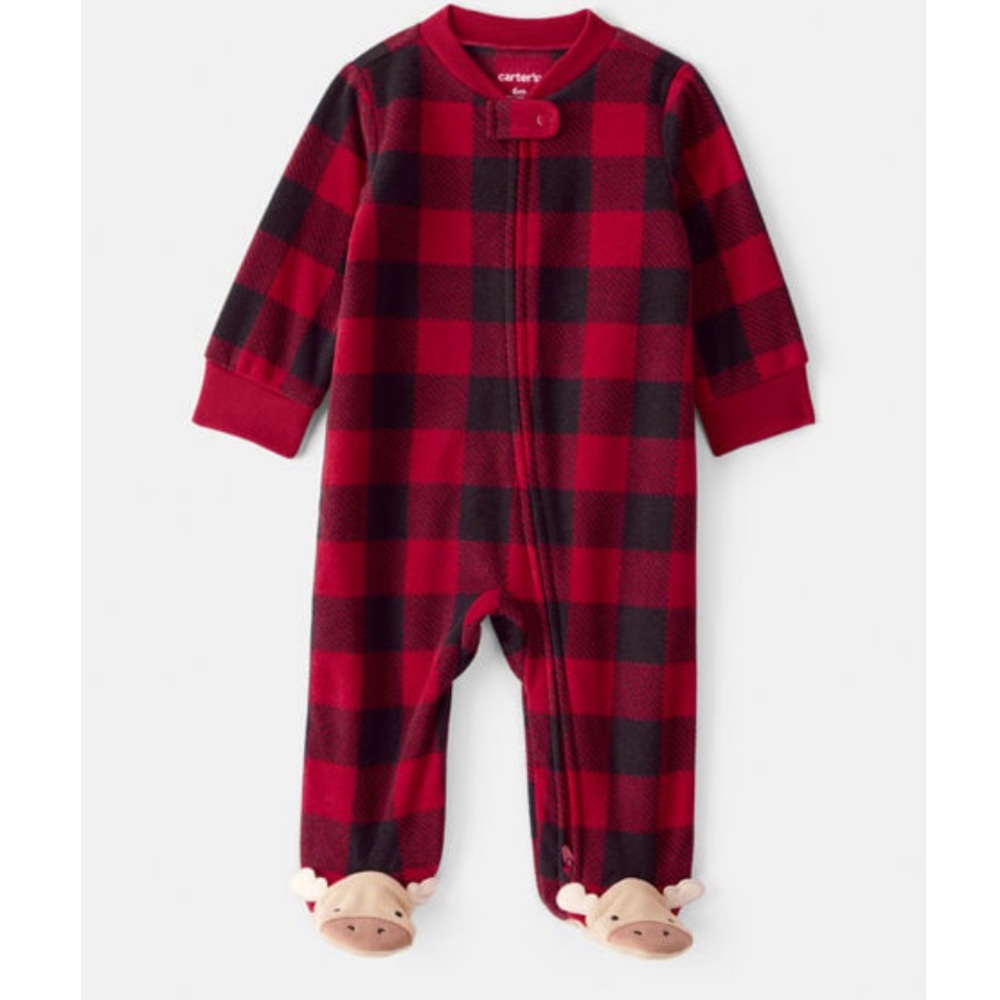 Baby Plaid Print Reindeer Christmas Loose Fit Long-Sleeve Sleep & Play - Red